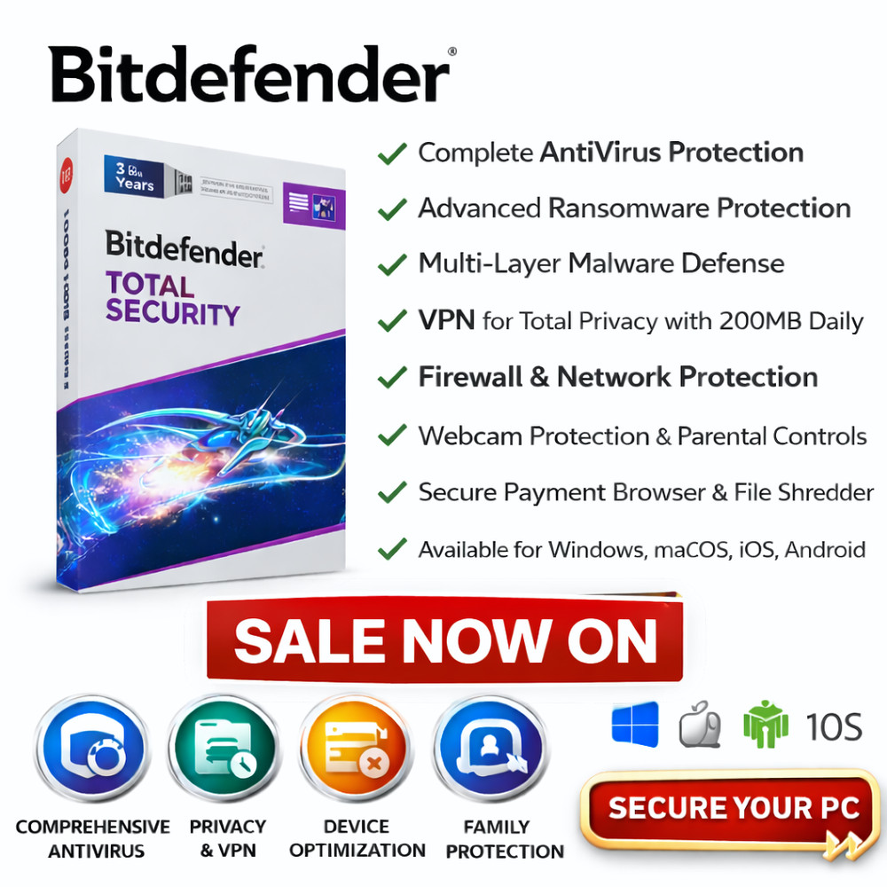 Bitdefender Total Security 2026 – 4 Years 1 To 10 Devices + Daily VPN