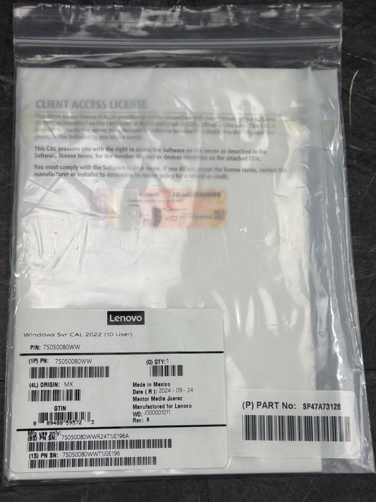 Lenovo Microsoft Windows Server 2022 Standard Edition 10 CAL 7S050080WW SEALED